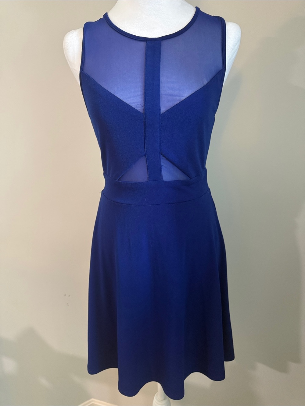Silence & Noise Sleeveless Sheer-Panel A-Line Dress - Royal Blue Sz Medium
